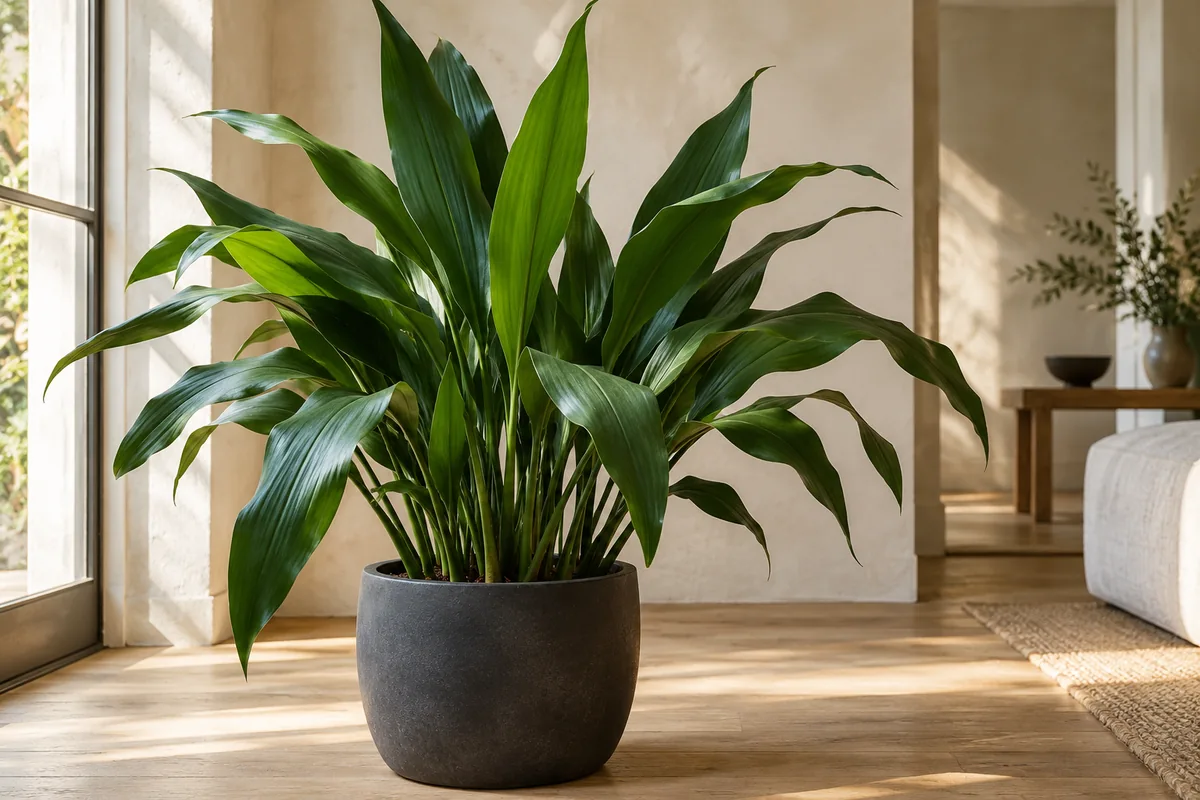 Long dark green cast iron plant leaves growing upright from a charcoal pot