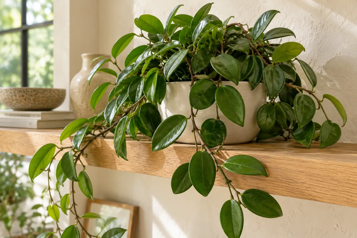Thick oval hoya leaves and trailing stems on a wooden shelf near a window