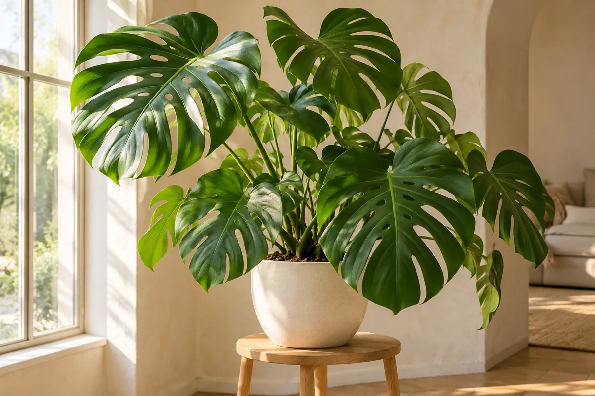 A mature monstera with broad divided green leaves in an ivory pot beside a softly lit window