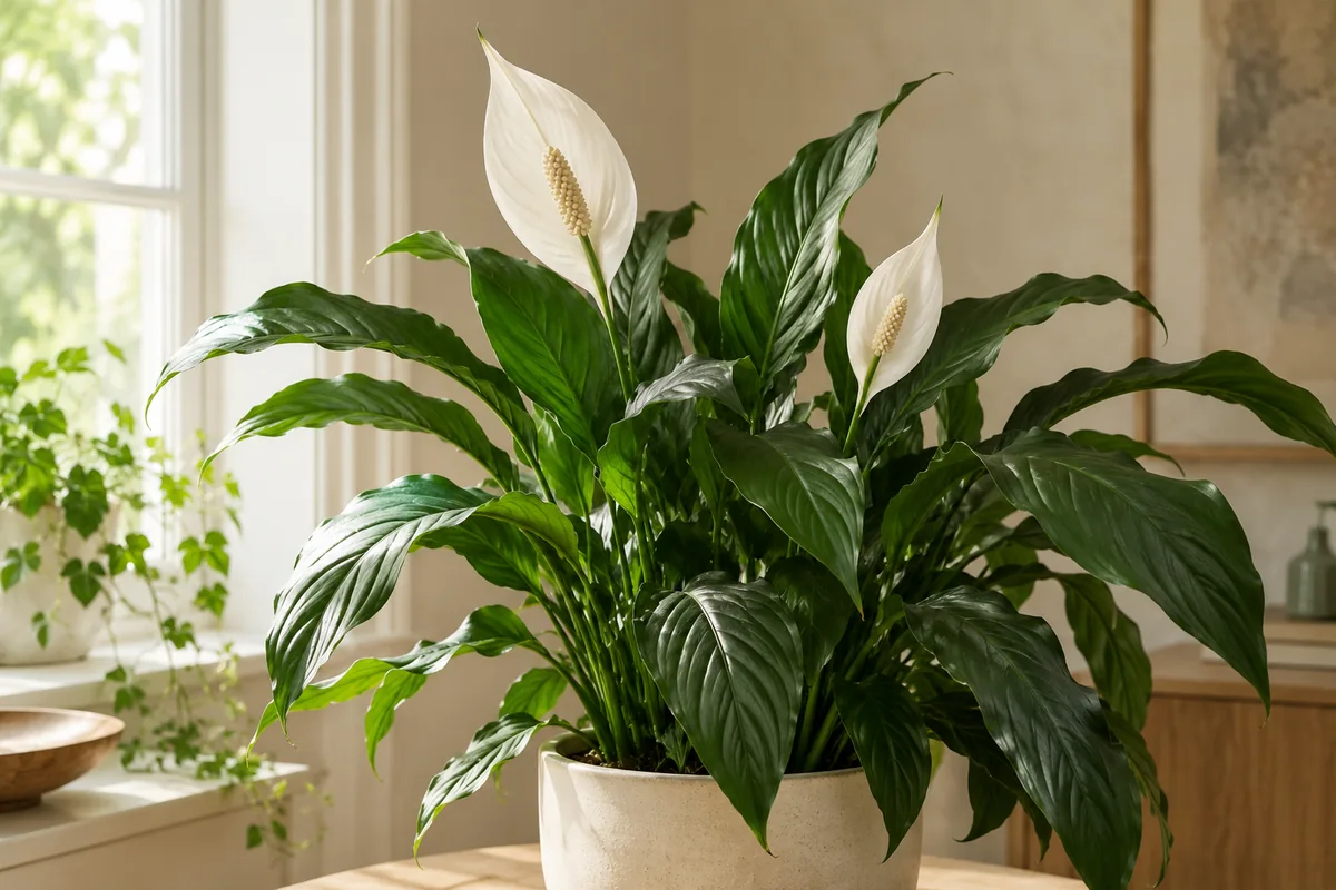 Dark green peace lily foliage and white spathes in a cream planter beside a window