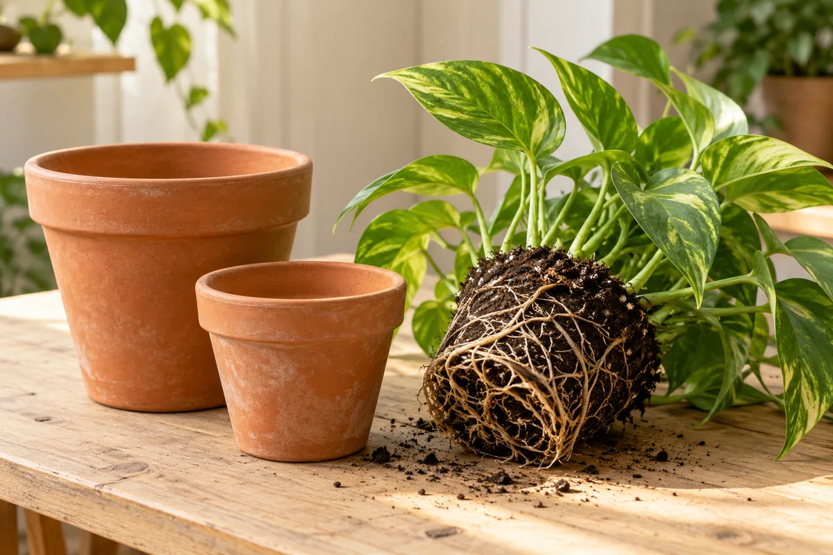 Two terracotta pots of different sizes beside a small pothos root ball on a wooden potting bench