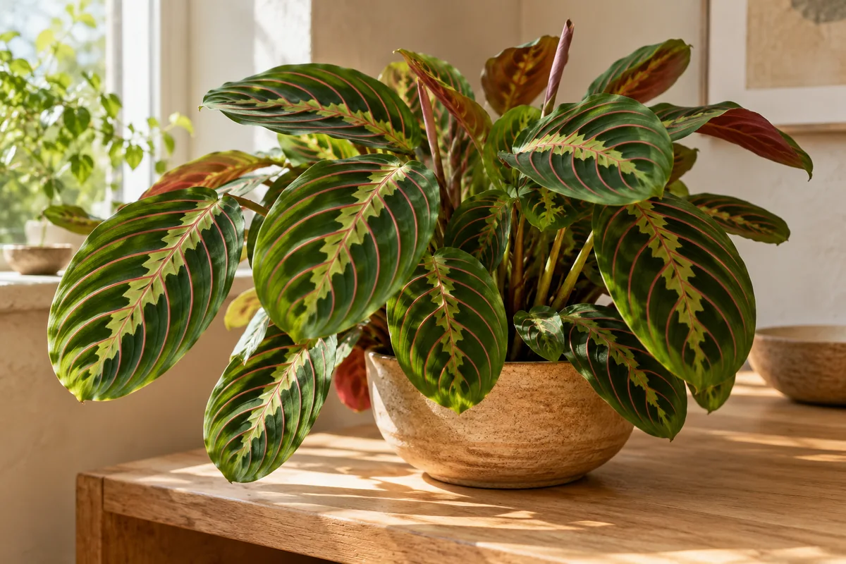 Oval patterned prayer plant leaves with red veins and glimpses of their reddish undersides