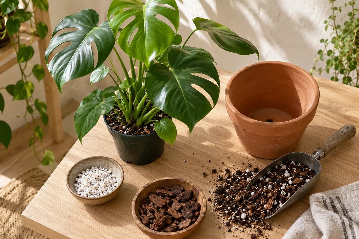 A small monstera, an empty terracotta pot, bark, perlite, and potting mix arranged on a wooden table