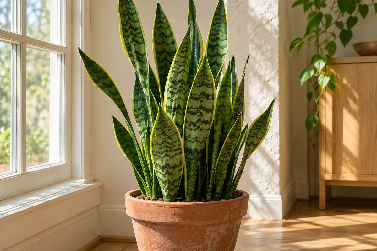 Upright mottled green snake plant leaves with yellow margins in a terracotta pot
