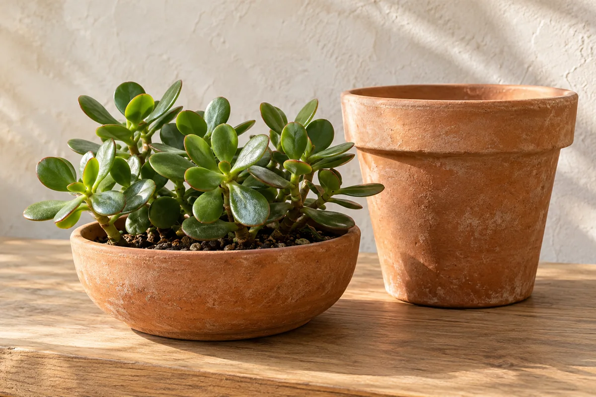 A shallow terracotta planter containing jade beside a taller empty terracotta plant pot