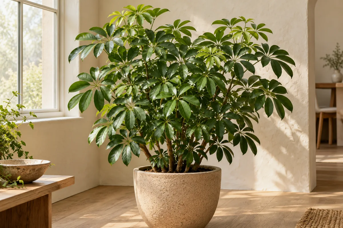 A branching umbrella plant with clusters of green leaflets in a pale ceramic pot
