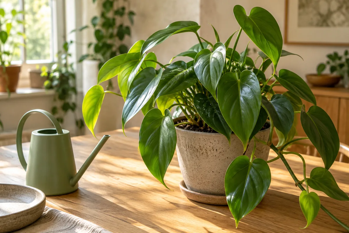 A sage green watering can beside a potted philodendron on a sunlit wooden table